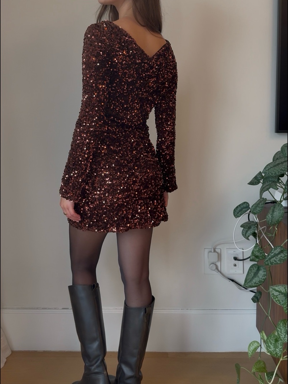 Copper-Sequin Long-Sleeve Mini Dress